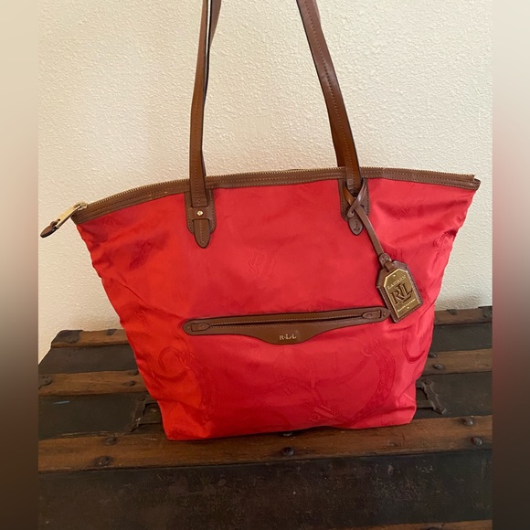 Vintage Polo Ralph Lauren red embossed horseshoes RLL tote hand bag GC~ - Picture 3 of 17